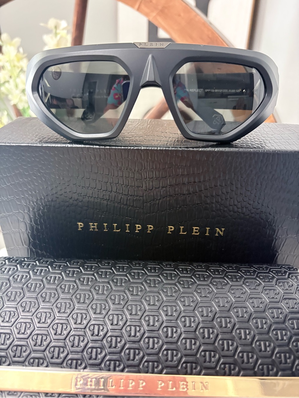 Philipp Plein Black Angular Sunglasses with Matching Clutch NWT SPP153 - Picture 2 of 10